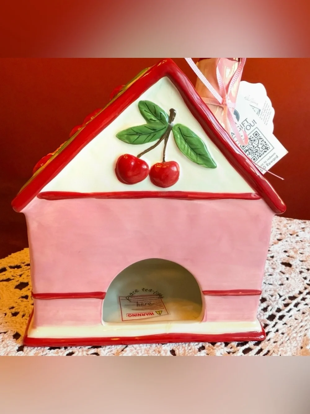 New Heather Goldmine Blue Sky Red & Green Cherry Cottage Holiday Ceramic